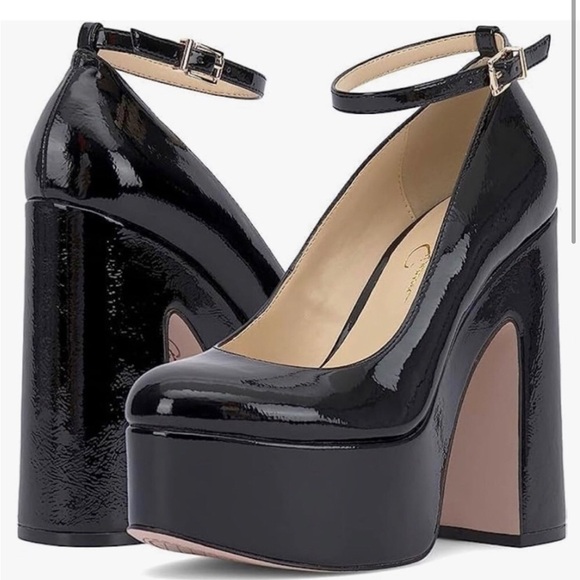 Jessica simpson black patent curved block heel mary‎ jane platform heels size 10 - Picture 1 of 4